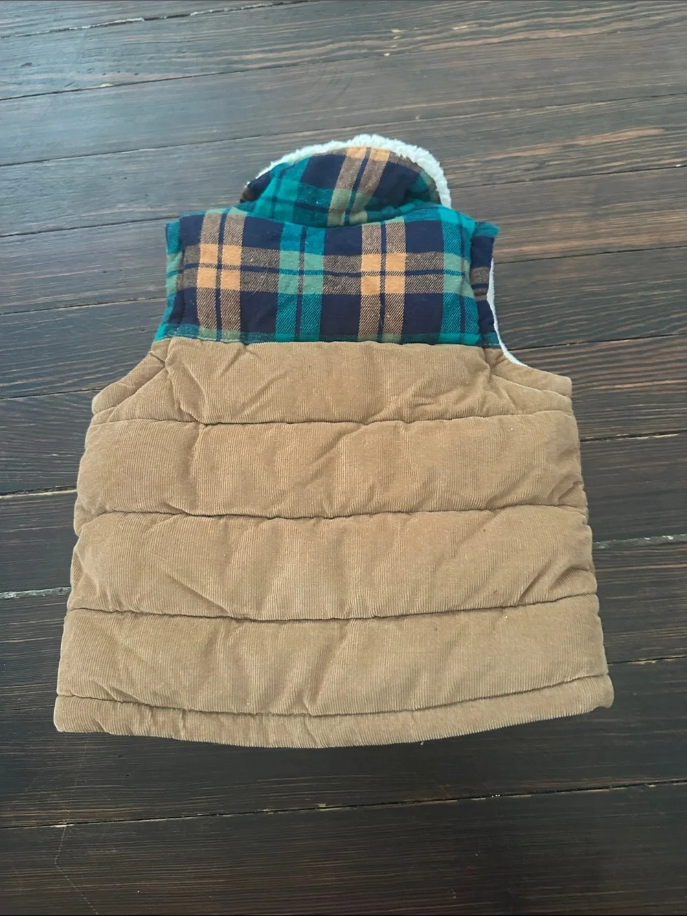 Old Navy Brown Corduroy Kids Puffer Vest with Green Plaid Yoke